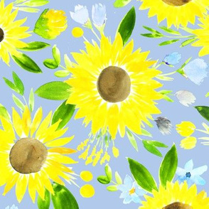 Sweet Sunflowers Field Spring Floral  on Baby Blue 