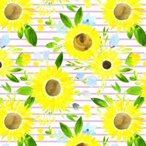 Sweet Sunflowers Field Spring Floral - lilac stripes 