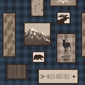 Woodland Collage on Plaid - Blue