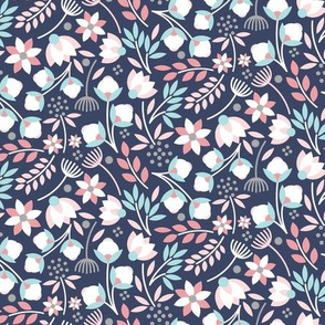 Modern Cotton Boll Floral Pink Blue Navy