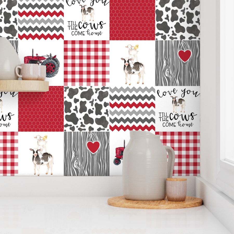 Farm//Love you till the cows come home//Tractor (Red) - Wholecloth Cheater Quilt