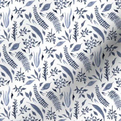Navy Watercolor Leaves on White 