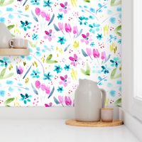 Whimsical meadow in pink and blue ★ watercolor florals for modern nursery, baby girl