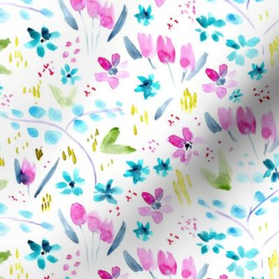Whimsical meadow in pink and blue ★ watercolor florals for modern nursery, baby girl