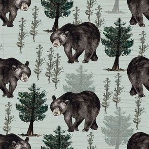 Hand Painted Black Bear With Trees And Texture Mint Green Medium