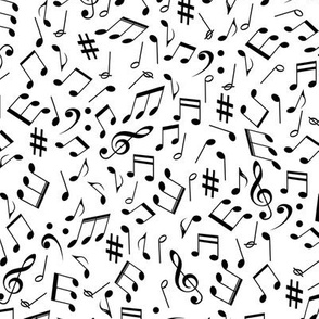 small scale scattered music notes black on solid white