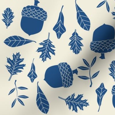 leaves and acorns in classic blue on natural