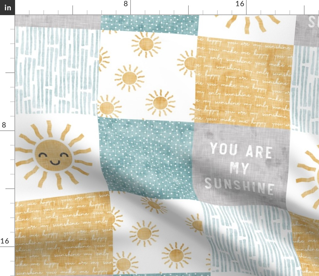 You are my sunshine wholecloth - suns patchwork -  face - grey, blue, and gold  - LAD20