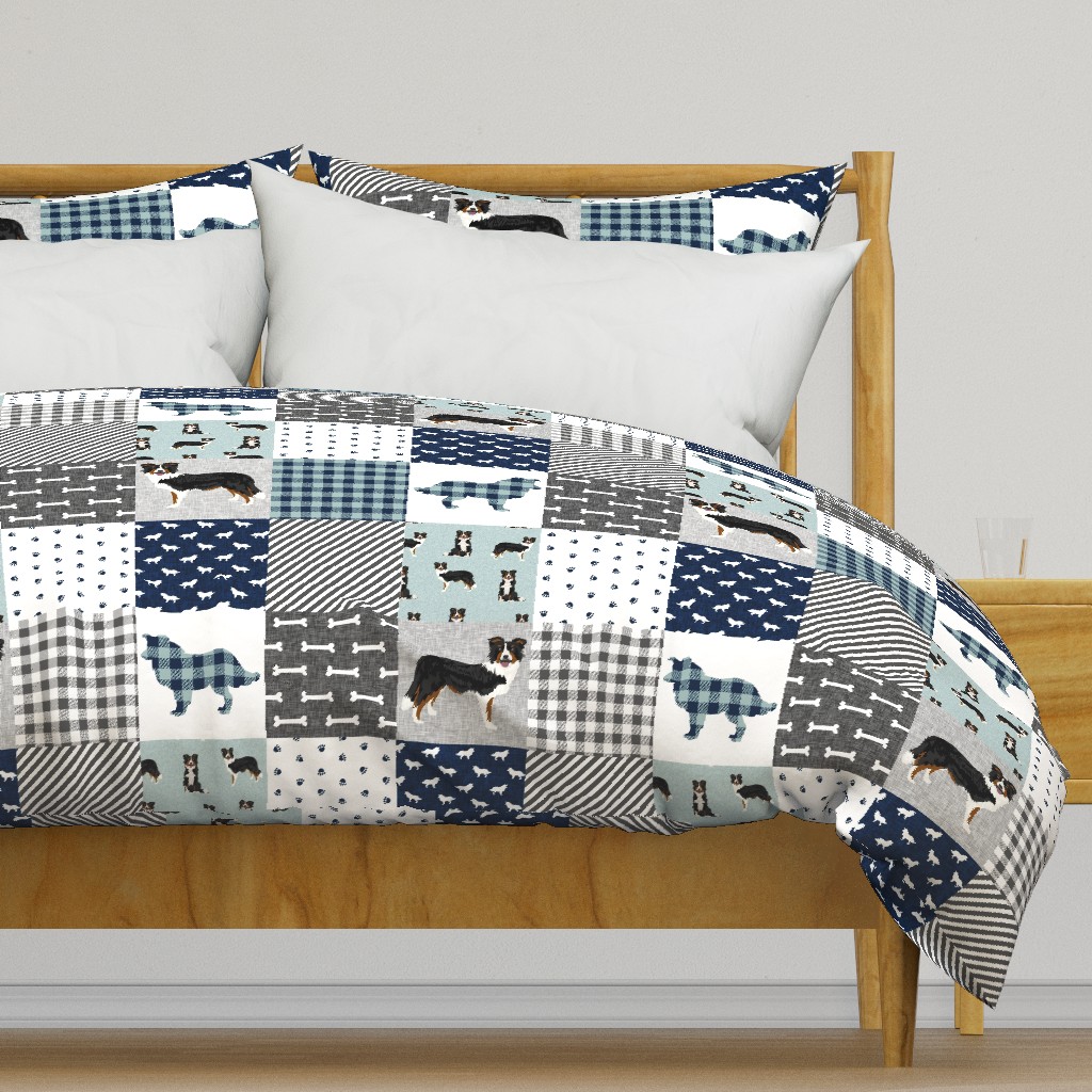 border collie quilt fabric - dog quilt, cheater quilt, patchwork, wholecloth - tricolored - blue plaid