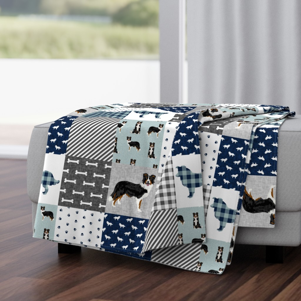 border collie quilt fabric - dog quilt, cheater quilt, patchwork, wholecloth - tricolored - blue plaid