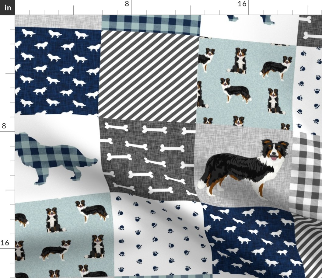 border collie quilt fabric - dog quilt, cheater quilt, patchwork, wholecloth - tricolored - blue plaid