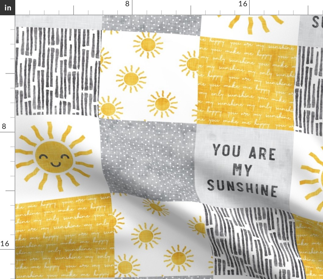 You are my sunshine wholecloth - sun patchwork - face - yellow and grey - LAD20