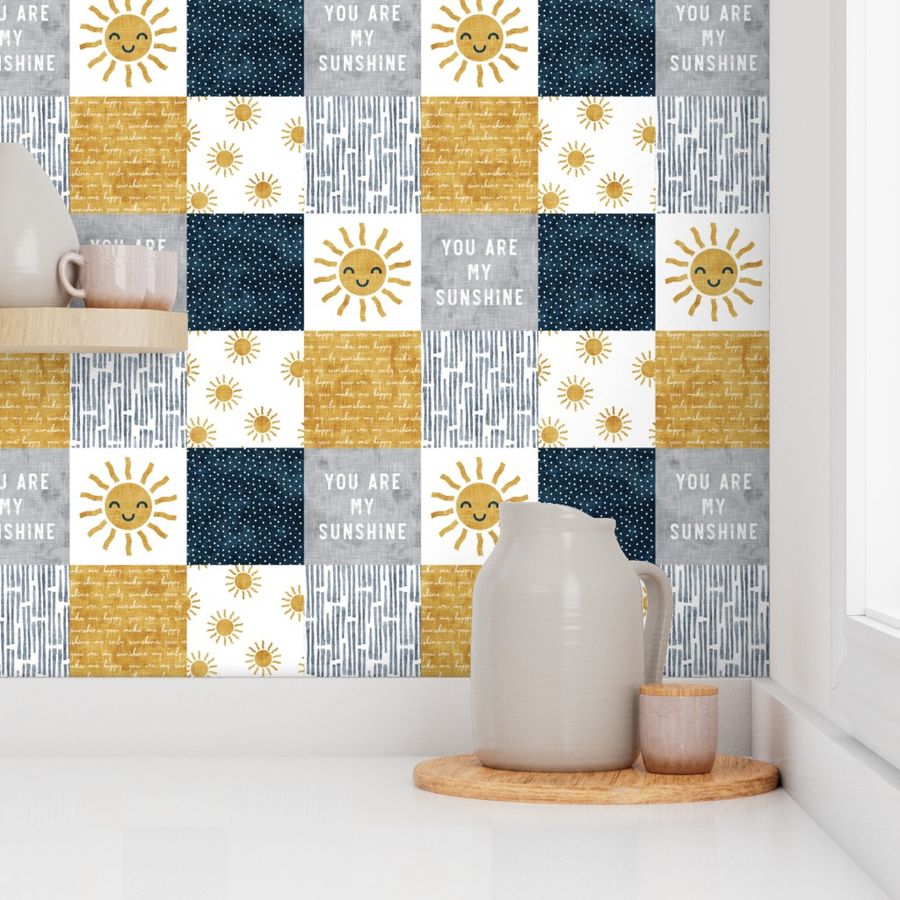 You are my sunshine wholecloth - suns patchwork - face -  dark blue and grey - LAD20