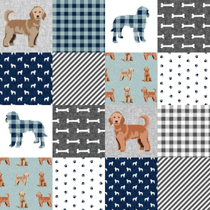 golden doodle cheater quilt fabric - dog quilt, cheater quilt, wholecloth, - blue plaid