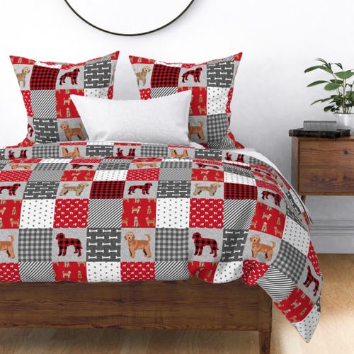 golden doodle cheater quilt fabric - dog quilt, cheater quilt, wholecloth, - red plaid