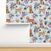 golden doodle floral fabric - dog fabric, dog florals -purple