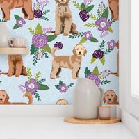 golden doodle floral fabric - dog fabric, dog florals -purple