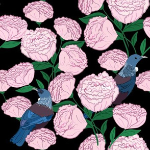 Tui in the Peonies on black