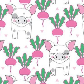 spotted pigs and radishes on white