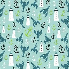 Maritime Icons Ditsy with Blue Lobsters and Green Anchors