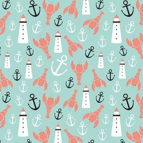 Lobster Ditsy in Coral and Mint