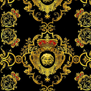 medusa gold flowers floral leaves leaf crown baroque victorian coat of arms heraldry crest  banners medals black royalty fleur de lis vines lily lilies fishes dragons insignia ornate frames gorgons Greek Greece mythology neoclassical   inspired