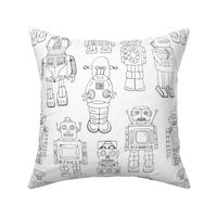 Hand drawn Vintage Robots Black & White Outline - Medium scale