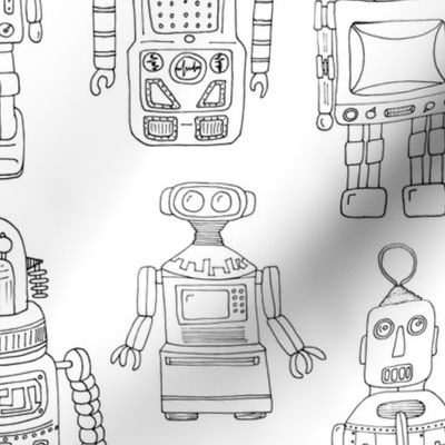 Hand drawn Vintage Robots Black & White Outline - Medium scale