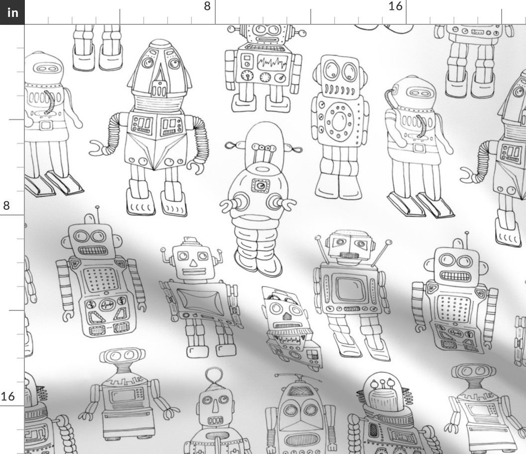 Hand drawn Vintage Robots Black & White Outline - Medium scale