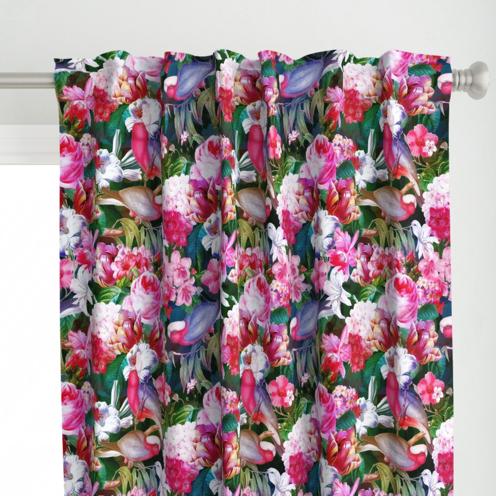 18" Pierre-Joseph Redouté Roses, lush Tropical Flowers and Birds, dark