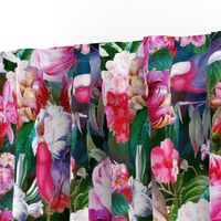 18" Pierre-Joseph Redouté Roses, lush Tropical Flowers and Birds, dark