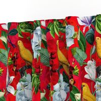14" Yellow parrots and tropical flowers - red