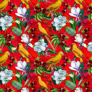 10" Yellow parrots and tropical flowers - red
