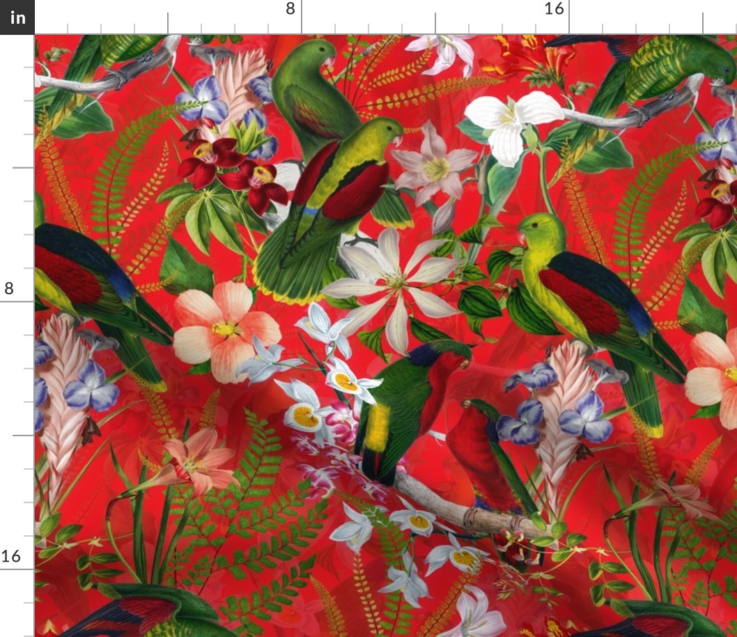 14" Vintage Parrot Tropical Garden Jungle Red