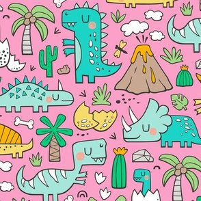 Dinos Doodle Mint Green on Pink