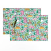 Dinos Doodle Pink on Mint Green