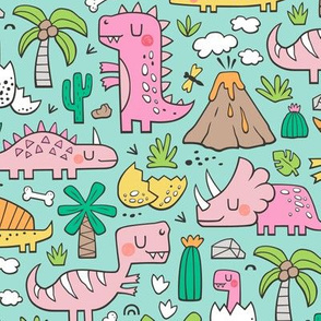 Dinos Doodle Pink on Mint Green