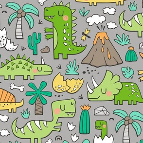 Dinos Doodle Green on Grey
