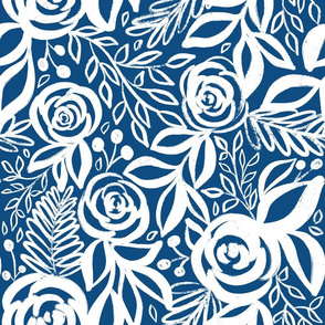 Classic Blue and White Leafy Floral - larger scale