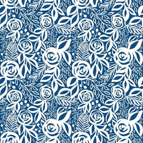 Classic Blue and White Leafy Floral - smaller scale