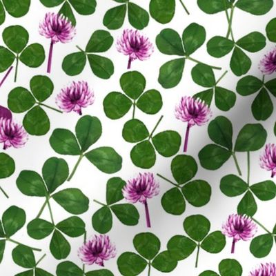 pressed clover fabric - pressed flowers fabric, leaves, shamrock fabric, clover fabric - white