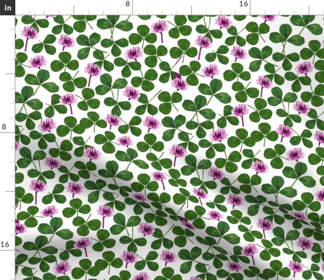 pressed clover fabric - pressed flowers fabric, leaves, shamrock fabric, clover fabric - white