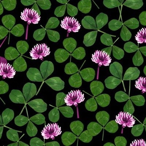 pressed clover fabric - pressed flowers fabric, leaves, shamrock fabric, clover fabric - black