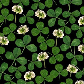 pressed clover fabric - pressed flowers fabric, leaves, shamrock fabric, clover fabric - black with white