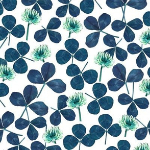 pressed clover fabric - pressed flowers fabric, leaves, shamrock fabric, clover fabric - blue