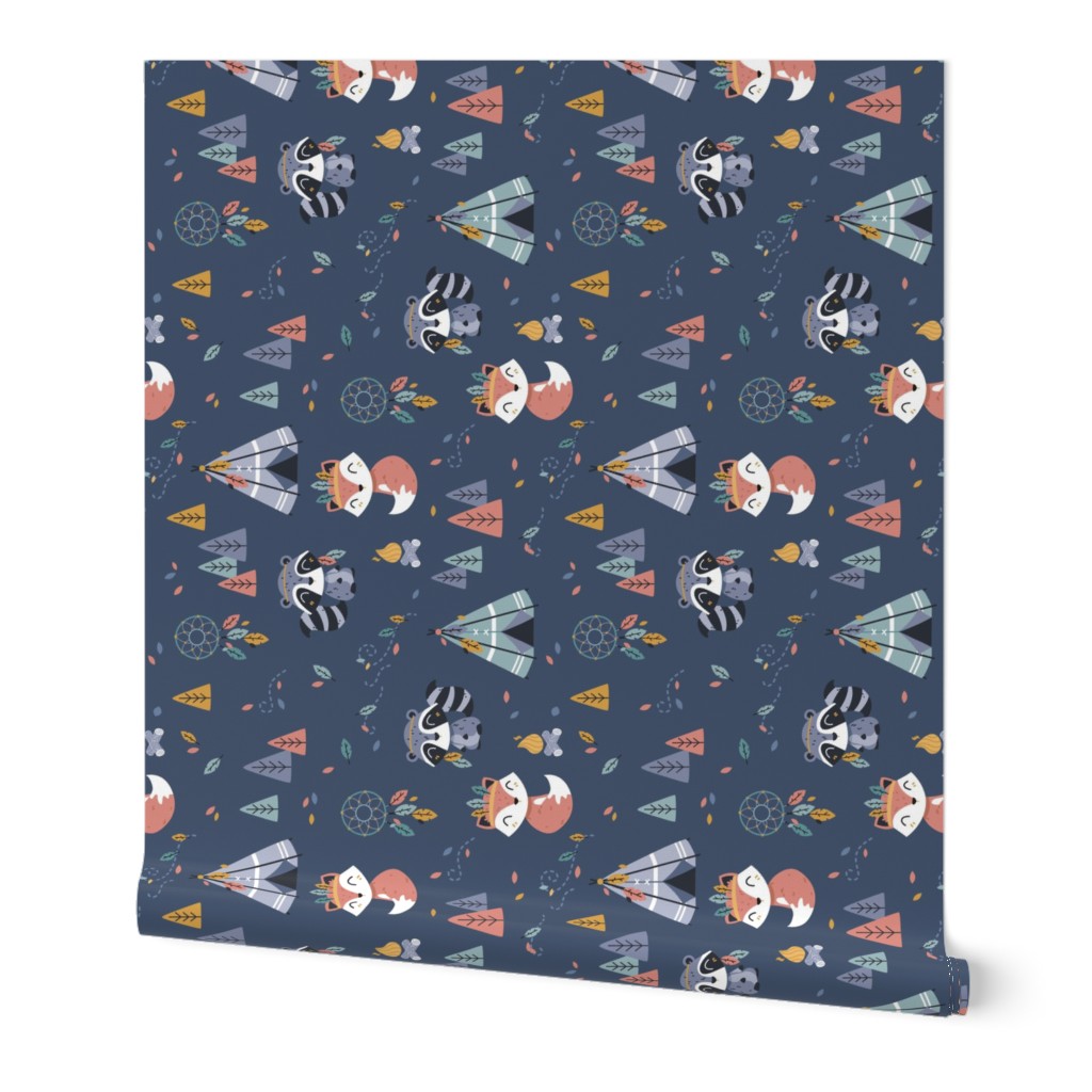 Colors of the wind - woodland fox raccoon - navy rotated