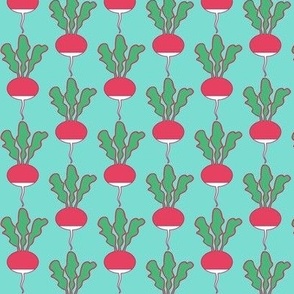 symmetrical red radishes on teal