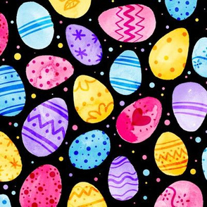 Watercolor Easter Eggs on Black 2X