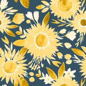 yellow sunflowers on muted navy blue 