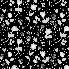 Romantic Spring Garden - greyscale white on black